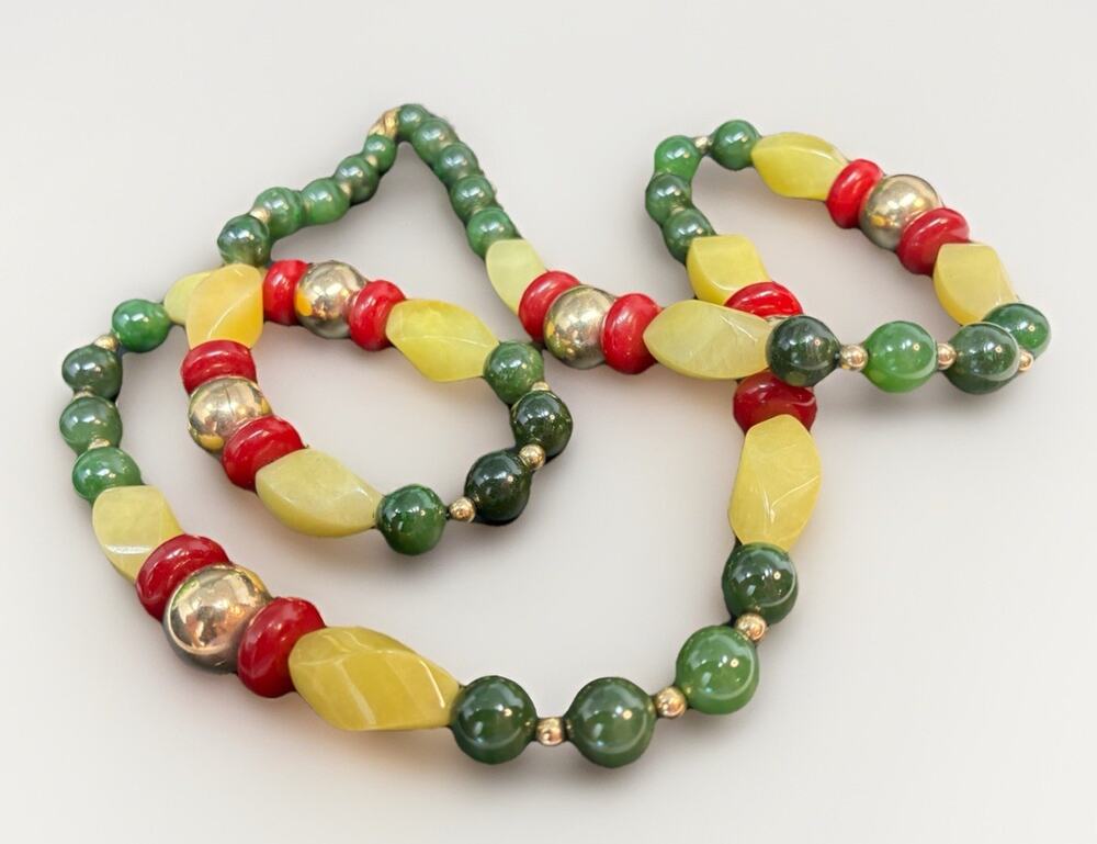 Beautiful long heavy Vintage Yellow, Red & Green Stone Statement Necklace